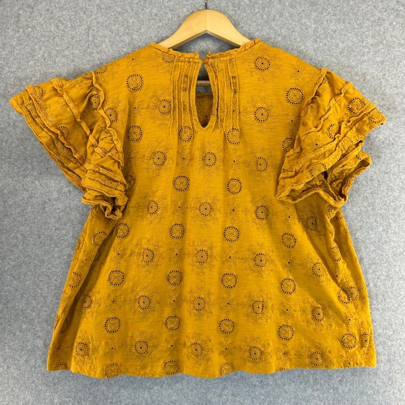 Forever That Girl Mustard Yellow Eyelet Ruffle Sleeve Top Women Size Large - Picture 7 of 13